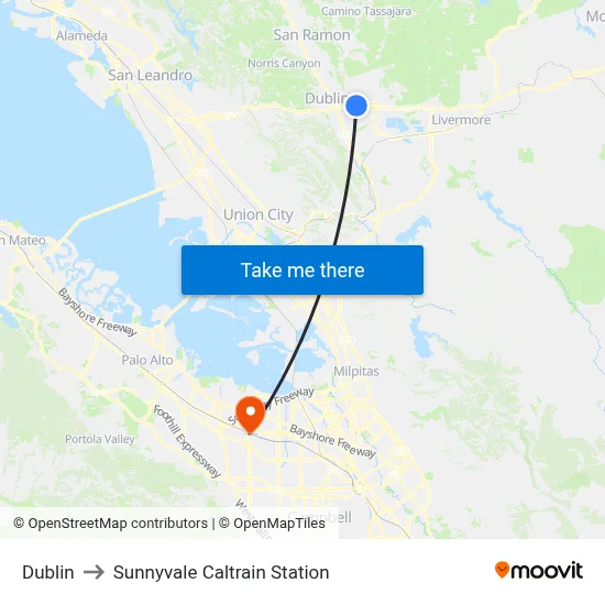 Dublin to Sunnyvale Caltrain Station map