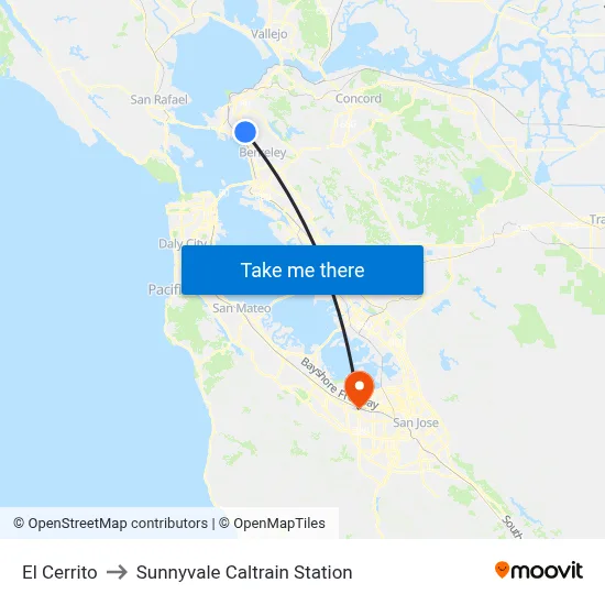 El Cerrito to Sunnyvale Caltrain Station map