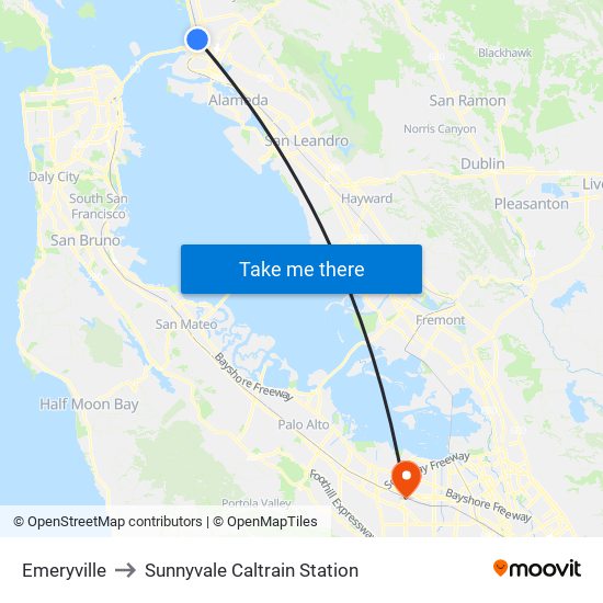 Emeryville to Sunnyvale Caltrain Station map