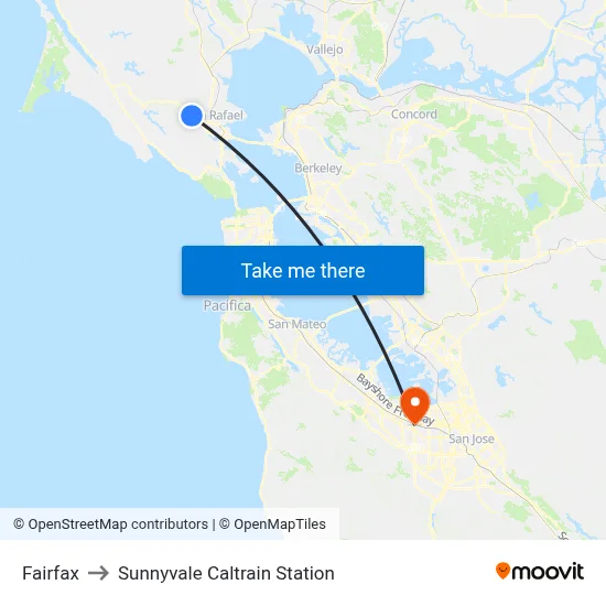 Fairfax to Sunnyvale Caltrain Station map