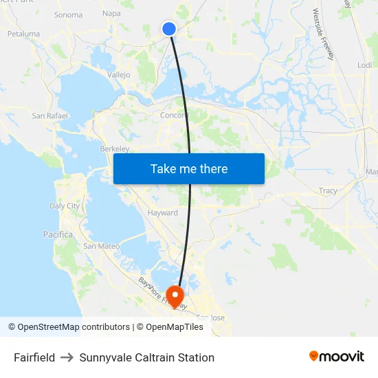 Fairfield to Sunnyvale Caltrain Station map
