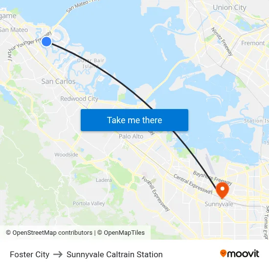 Foster City to Sunnyvale Caltrain Station map