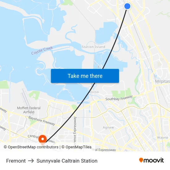 Fremont to Sunnyvale Caltrain Station map