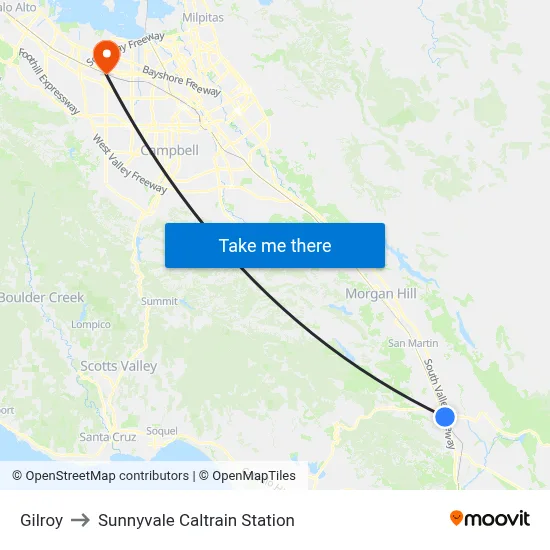 Gilroy to Sunnyvale Caltrain Station map