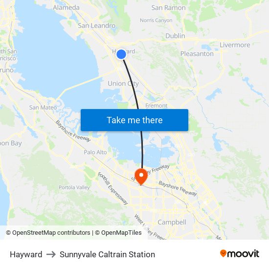 Hayward to Sunnyvale Caltrain Station map