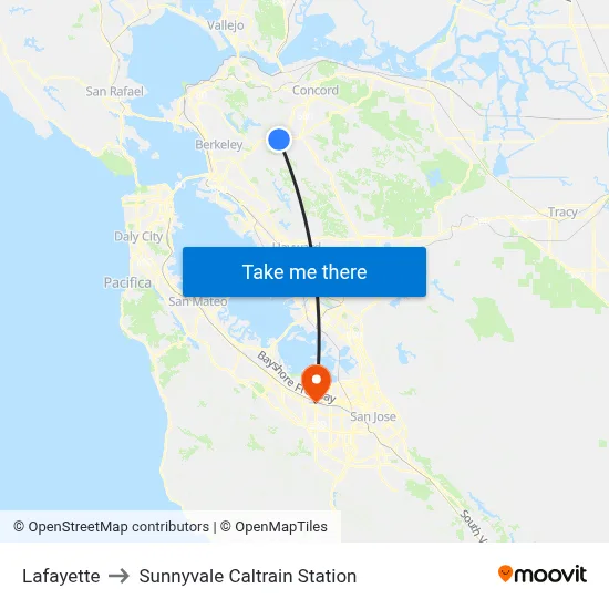 Lafayette to Sunnyvale Caltrain Station map