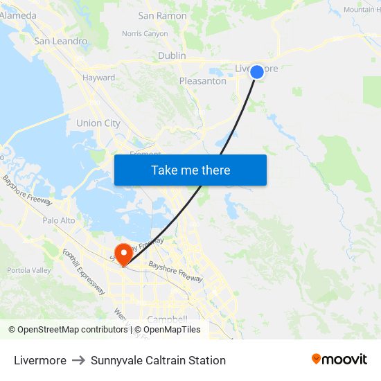 Livermore to Sunnyvale Caltrain Station map