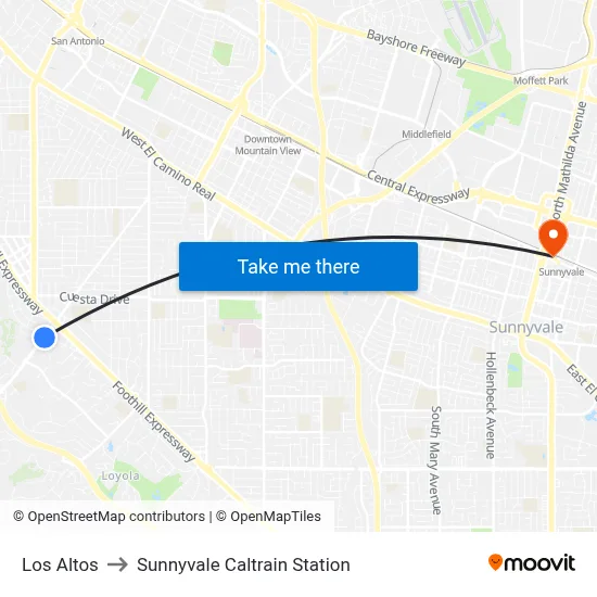 Los Altos to Sunnyvale Caltrain Station map