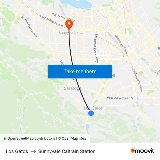 Los Gatos to Sunnyvale Caltrain Station map