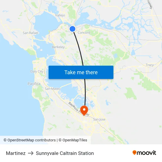Martinez to Sunnyvale Caltrain Station map