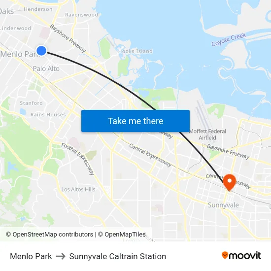 Menlo Park to Sunnyvale Caltrain Station map