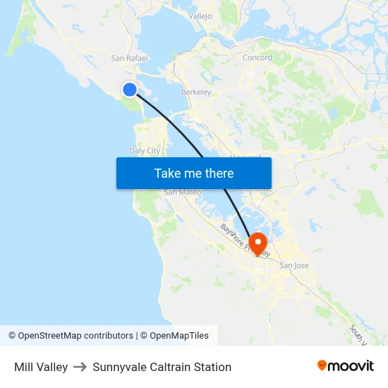 Mill Valley to Sunnyvale Caltrain Station map