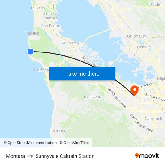 Montara to Sunnyvale Caltrain Station map