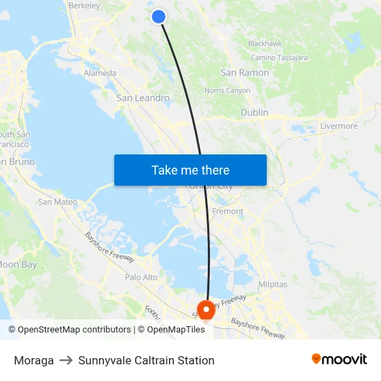 Moraga to Sunnyvale Caltrain Station map