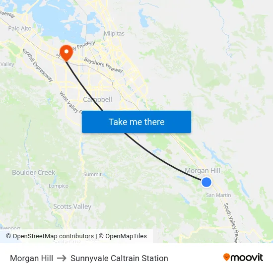 Morgan Hill to Sunnyvale Caltrain Station map