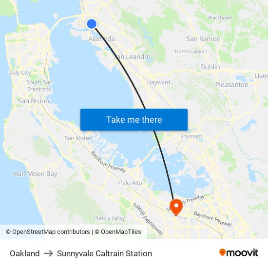 Oakland to Sunnyvale Caltrain Station map