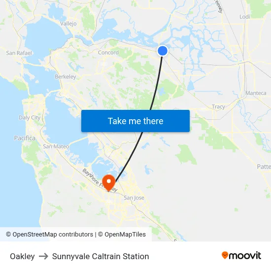 Oakley to Sunnyvale Caltrain Station map