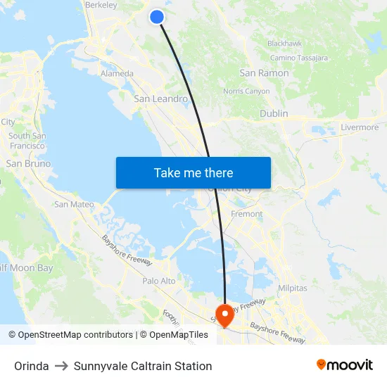Orinda to Sunnyvale Caltrain Station map