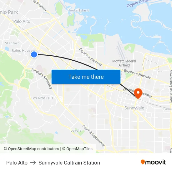 Palo Alto to Sunnyvale Caltrain Station map