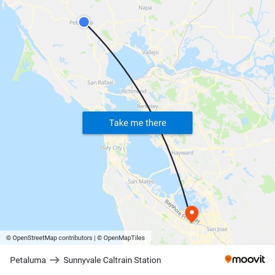 Petaluma to Sunnyvale Caltrain Station map
