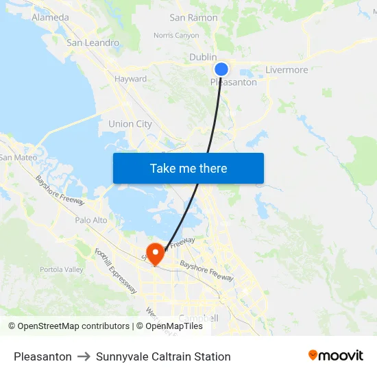 Pleasanton to Sunnyvale Caltrain Station map