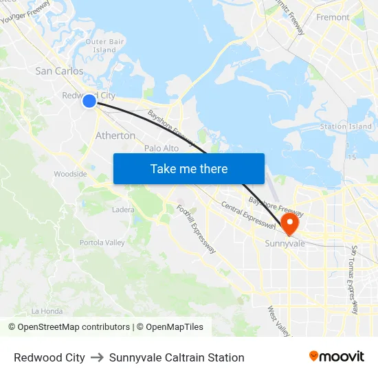 Redwood City to Sunnyvale Caltrain Station map