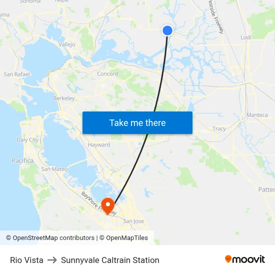 Rio Vista to Sunnyvale Caltrain Station map