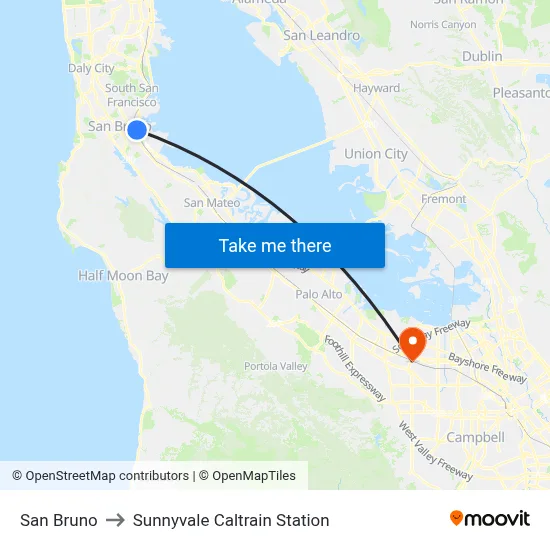 San Bruno to Sunnyvale Caltrain Station map