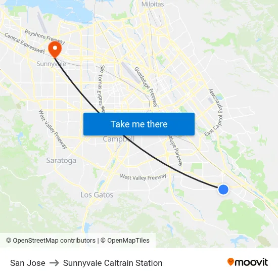 San Jose to Sunnyvale Caltrain Station map