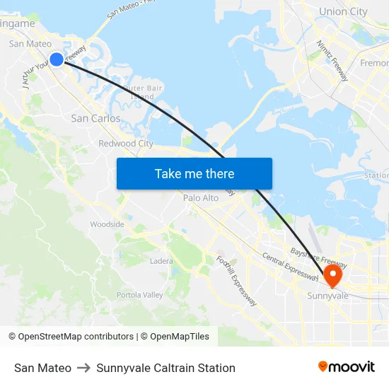 San Mateo to Sunnyvale Caltrain Station map