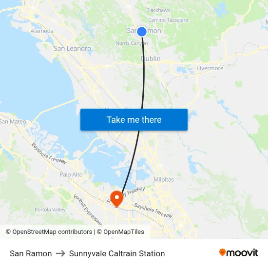 San Ramon to Sunnyvale Caltrain Station map