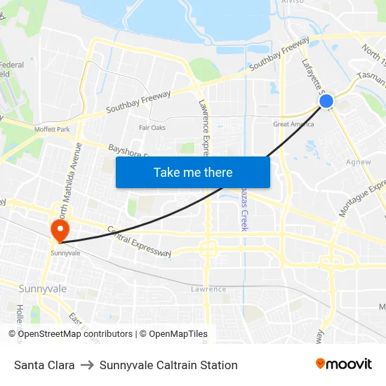 Santa Clara to Sunnyvale Caltrain Station map