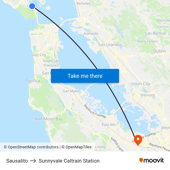 Sausalito to Sunnyvale Caltrain Station map