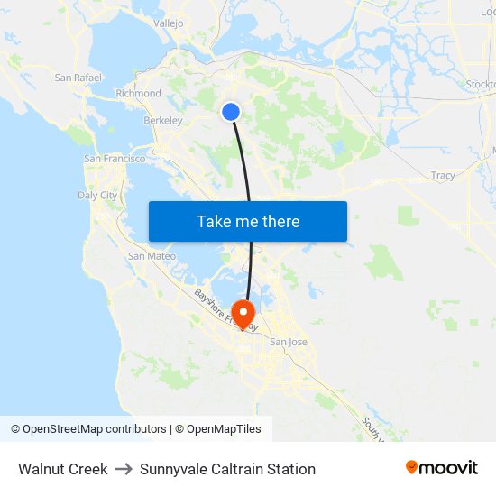 Walnut Creek to Sunnyvale Caltrain Station map