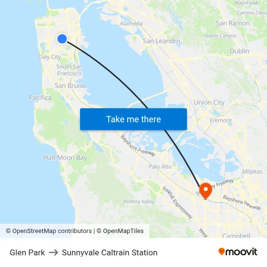 Glen Park to Sunnyvale Caltrain Station map