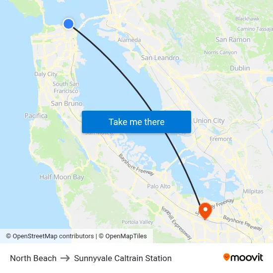 North Beach to Sunnyvale Caltrain Station map