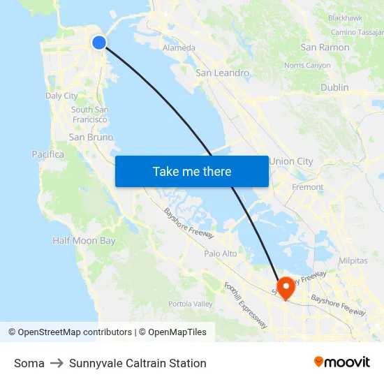 Soma to Sunnyvale Caltrain Station map