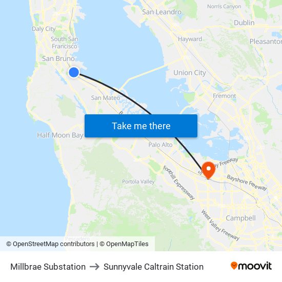 Millbrae Substation to Sunnyvale Caltrain Station map