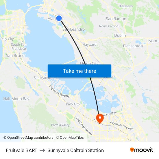 Fruitvale Bart to Sunnyvale Caltrain Station map