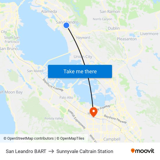 San Leandro Bart to Sunnyvale Caltrain Station map