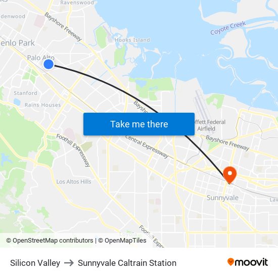 Silicon Valley to Sunnyvale Caltrain Station map