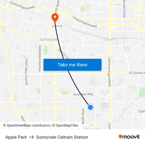 Apple Park to Sunnyvale Caltrain Station map