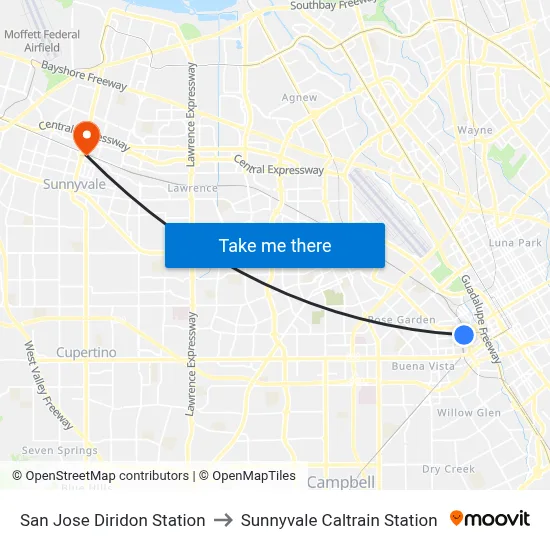 San Jose Diridon Station to Sunnyvale Caltrain Station map