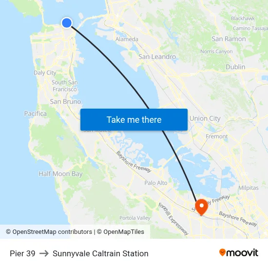 Pier 39 to Sunnyvale Caltrain Station map