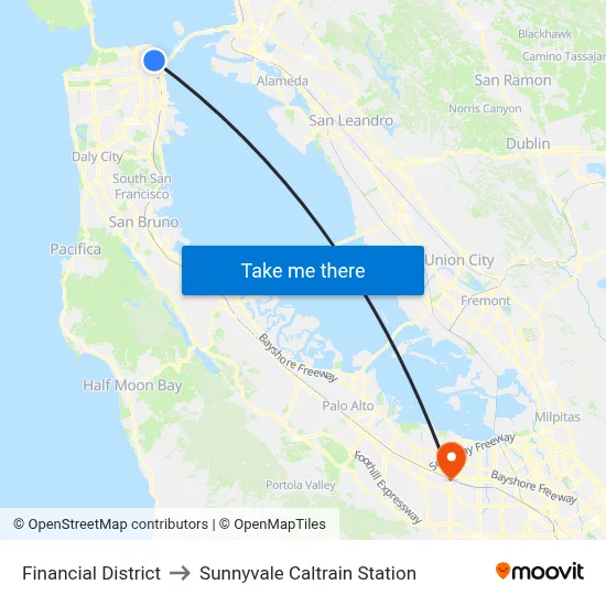 Financial District to Sunnyvale Caltrain Station map