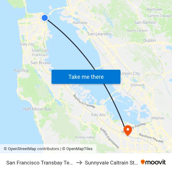 San Francisco Transbay Terminal to Sunnyvale Caltrain Station map