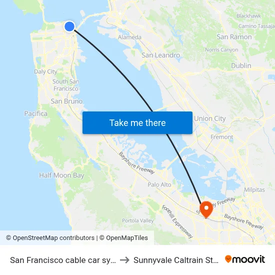 San Francisco cable car system to Sunnyvale Caltrain Station map
