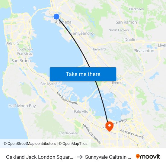 Oakland Jack London Square Station to Sunnyvale Caltrain Station map