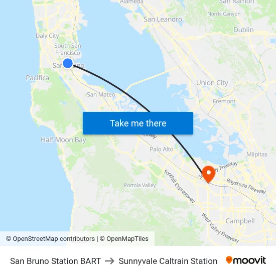 San Bruno Station BART to Sunnyvale Caltrain Station map
