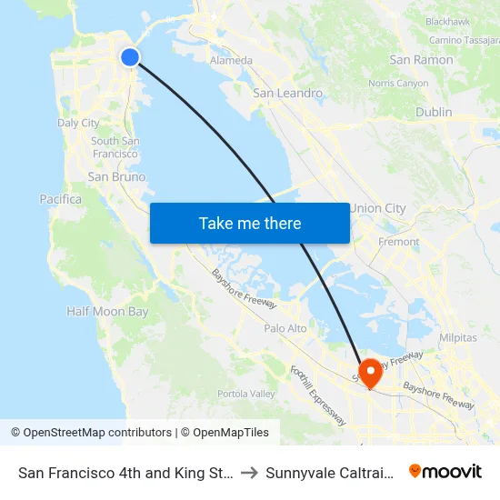 San Francisco 4th and King Street Station to Sunnyvale Caltrain Station map